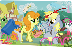 Size: 349x234 | Tagged: safe, artist:nelnobody, derpibooru import, blossomforth, carrot top, derpy hooves, golden harvest, earth pony, pegasus, pony, unicorn, circling stars, crash, dizzy, envelope, flower, mailbag, mailbox, mailmare, ponyville