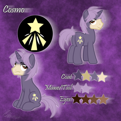 Size: 2000x2000 | Tagged: artist needed, safe, derpibooru import, oc, oc:cosmo, pony, unicorn, cutie mark, horn, looking at you, looking back, looking back at you, male, purple background, reference sheet, signature, simple background, sitting, smiling, solo, stallion, text, unicorn oc