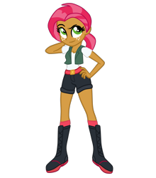 Size: 2089x2372 | Tagged: safe, artist:gmaplay, derpibooru import, babs seed, human, equestria girls, arm behind head, base used, belt, boots, clothes, confident, denim shorts, equestria girls-ified, female, freckles, green eyes, hand on hip, older, older babs seed, pink hair, shoes, shorts, solo, solo female, teenager, tights, tomboy