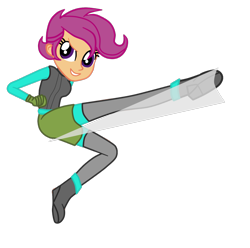 Size: 1205x1194 | Tagged: safe, artist:gmaplay, derpibooru import, scootaloo, equestria girls, boots, clothes, gloves, jacket, kick, kicking, older, older scootaloo, shoes, shorts, solo