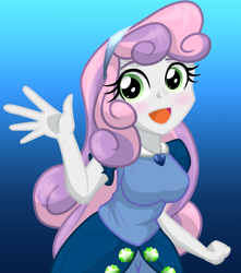 Size: 1500x1700 | Tagged: safe, artist:geraritydevillefort, derpibooru import, sweetie belle, equestria girls, blushing, breasts, clothes, cute, diasweetes, dress, female, gradient background, jewelry, looking at you, necklace, older, older sweetie belle, open mouth, skirt, solo, sweetie boobs