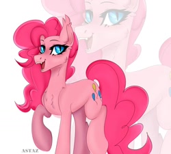 Size: 1336x1200 | Tagged: safe, artist:astazi-meow, derpibooru import, pinkie pie, earth pony, pony, cheek fluff, chest fluff, cute, cute little fangs, ear fluff, ears, fangs, female, looking at you, mare, open mouth, raised hoof, raised leg, solo, teeth, text, zoom layer