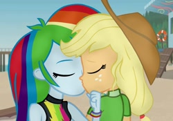 Size: 1712x1200 | Tagged: safe, derpibooru import, applejack, rainbow dash, equestria girls, appledash, clothes, duo, duo female, female, kissing, lesbian, lifeguard, lifeguard applejack, shipping, sleeveless, swimsuit