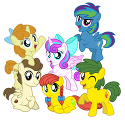 Size: 1600x1548 | Tagged: safe, artist:aleximusprime, derpibooru import, pound cake, princess flurry heart, pumpkin cake, oc, oc:annie smith, oc:apple chip, oc:storm streak, flurry heart's story, mane six opening poses, offspring, older, older flurry heart, older pound cake, older pumpkin cake, parent:applejack, parent:oc:thunderhead, parent:rainbow dash, parent:tex, parents:canon x oc, parents:texjack, simple background, transparent background