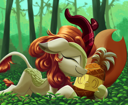 Size: 5401x4442 | Tagged: safe, artist:discorded, artist:rocket-lawnchair, derpibooru import, autumn blaze, kirin, applejack's hat, clothes, cowboy hat, female, food, hat, implied autumnjack, mare, pineapple, pineapplejack, smiling