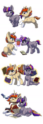 Size: 780x2240 | Tagged: safe, artist:celestial-rainstorm, derpibooru import, oc, oc:dawn star, oc:jupiter sky, pony, unicorn, book, colt, female, filly, lying down, magic, male, offspring, parent:starlight glimmer, parent:stygian, parent:sunburst, parent:twilight sparkle, parents:starburst, parents:twigian, plant, prone, telescope