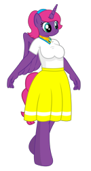 Size: 2025x3773 | Tagged: safe, artist:andrevus, derpibooru import, oc, oc only, oc:pinkmane, alicorn, anthro, alicorn oc, clothes, horn, jewelry, necklace, shirt, simple background, skirt, solo, transparent background, wings