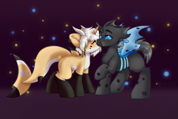 Size: 3000x2000 | Tagged: safe, alternate version, artist:etoz, derpibooru import, oc, oc only, oc:archex, changeling, original species, pony, shark, shark pony, unicorn, blue changeling, blushing, changeling oc, commission, eyes closed, female, horn, horns, kissing, male, mare, stallion, standing, tail, unicorn oc, wings, ych result