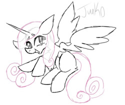 Size: 1125x945 | Tagged: safe, artist:junko, derpibooru import, princess cadance, alicorn, pony, art, cute, digital art, doodle, ears, female, floppy ears, flying, mare, missing cutie mark, signature, simple background, sketch, smiling, solo, spread wings, white background, wings