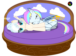 Size: 4974x3674 | Tagged: safe, artist:kyoshyu, derpibooru import, oc, oc:eclaircie clearing, oc:gallery dart, bat pony, pegasus, bed, female, high res, mare, plushie, simple background, transparent background, vector