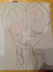 Size: 1024x1371 | Tagged: safe, derpibooru import, apple bloom, earth pony, pony, bow, creepybloom, deviantart watermark, female, filly, hair bow, obtrusive watermark, pencil drawing, scared, sketch, smiling, traditional art, two sides, watermark