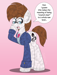 Size: 2900x3800 | Tagged: safe, alternate version, artist:aarondrawsarts, derpibooru import, oc, oc:brain teaser, crystal pony, earth pony, clothes, commission, commissioner:reversalmushroom, crystallized, dialogue, dock, glasses, suit