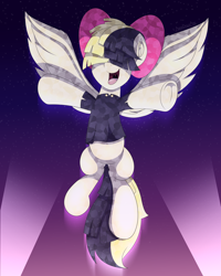 Size: 4800x6000 | Tagged: safe, alternate version, artist:aarondrawsarts, derpibooru import, songbird serenade, crystal pony, pegasus, pony, my little pony: the movie, commission, commissioner:reversalmushroom, crystallized, female, frog (hoof), mare, smiling, solo, spotlight, spread wings, underhoof, wings