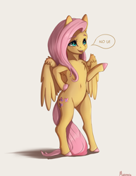 Size: 2000x2584 | Tagged: safe, artist:miokomata, derpibooru import, fluttershy, pegasus, pony, semi-anthro, belly button, bipedal, chest fluff, colored hooves, cute, female, freckles, freckleshy, hoof on hip, mare, no u, open mouth, raised hoof, raised leg, shyabetes, simple background, solo, speech bubble, white background
