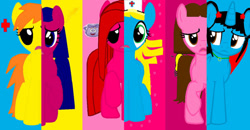 Size: 1024x532 | Tagged: safe, artist:wrightgirl11, derpibooru import, earth pony, pegasus, pony, unicorn, magical mystery cure, backpack, base used, dora the explorer, hat, jelly otter, kai lan, milli, mouse (wrightgirl11), ni hao kai lan, nurse hat, open mouth, pb&j otter, what my cutie mark is telling me