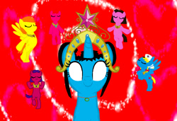 Size: 1024x701 | Tagged: safe, artist:wrightgirl11, derpibooru import, earth pony, pegasus, pony, unicorn, base used, big crown thingy, dora the explorer, element of generosity, element of honesty, element of kindness, element of laughter, element of loyalty, element of magic, elements of harmony, eyes closed, glowing eyes, hat, jelly otter, jewelry, kai lan, milli, mouse (wrightgirl11), ni hao kai lan, nurse hat, pb&j otter, red background, regalia, simple background