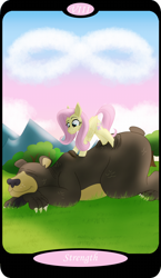 Size: 1500x2591 | Tagged: safe, artist:sixes&sevens, derpibooru import, part of a set, fluttershy, harry, pegasus, pony, cloud, eyes closed, lying down, major arcana, massage, mountain, strength, tarot card, tree