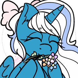 Size: 1000x1000 | Tagged: safe, artist:glittiewings, derpibooru import, oc, oc:fleurbelle, alicorn, alicorn oc, bow, eyes closed, female, flower, hair bow, horn, mare, mouth hold, simple background, transparent background, wings