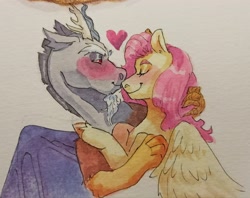 Size: 4237x3363 | Tagged: safe, artist:yabunishka, derpibooru import, discord, fluttershy, draconequus, pegasus, pony, blushing, discoshy, eyes closed, female, heart, high res, horn, hug, male, mare, shipping, smiling, straight, traditional art, unshorn fetlocks, wings