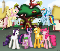 Size: 2000x1700 | Tagged: safe, artist:99999999000, derpibooru import, applejack, fluttershy, pinkie pie, rainbow dash, rarity, spike, twilight sparkle, unicorn twilight, dragon, earth pony, pegasus, pony, unicorn, female, golden oaks library, mane seven, mane six, ponyville