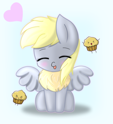 Size: 1000x1100 | Tagged: artist needed, safe, derpibooru import, derpy hooves, pegasus, pony, blushing, chest fluff, chibi, cute, derpabetes, eyes closed, female, food, happy, heart, mare, muffin, smiling, solo