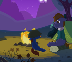 Size: 1673x1432 | Tagged: safe, artist:derpy_the_duck, derpibooru import, oc, oc:derp, earth pony, campfire, camping, father and child, father and son, helmet, male, parent and child