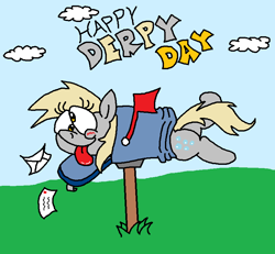 Size: 802x740 | Tagged: safe, artist:dragonboi471, derpibooru import, derpy hooves, pegasus, pony, blushing, derpy day, mailbox, solo, stuck, tongue, tongue out