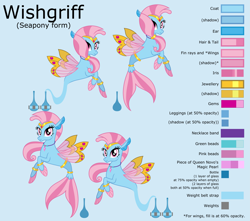 Size: 13621x12030 | Tagged: safe, artist:ethanjacobsyrosca, derpibooru import, oc, oc only, oc:wishgriff, seapony (g4), absurd resolution, blue background, bottle, bracelet, circlet, clothes, genie, gold, jewelry, leggings, looking at you, not silverstream, redesign, reference sheet, simple background, smiling, solo, vector, wing jewelry