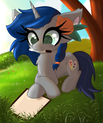 Size: 3198x3797 | Tagged: safe, artist:windykirin, derpibooru import, oc, oc:sterling, pony, unicorn, drawing, female, flower, flower in hair, grass, lying down, mouth hold, solo, tree