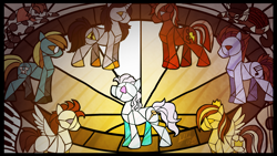 Size: 4000x2250 | Tagged: safe, artist:dragonwolfrooke, derpibooru import, screw loose, oc, earth pony, pegasus, pony, unicorn, oc needed, song art, stained glass