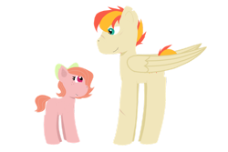 Size: 1280x854 | Tagged: safe, artist:meiodrama, derpibooru import, oc, oc:harvest peach, oc:sunburn, earth pony, pegasus, pony, blank flank, brother and sister, colt, cute, cute little fangs, fangs, female, filly, freckles, male, offspring, parent:big macintosh, parent:fluttershy, parents:fluttermac, siblings, simple background, transparent background