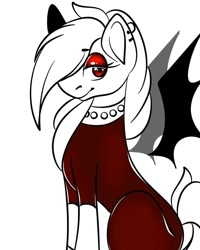 Size: 1080x1350 | Tagged: safe, artist:tessa_key_, derpibooru import, oc, oc only, bat pony, pony, bat pony oc, bat wings, bedroom eyes, ear piercing, earring, eyelashes, floating wings, jewelry, partial color, piercing, simple background, sitting, smiling, solo, white background, wings