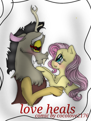 Size: 899x1200 | Tagged: safe, artist:coco_loves_art, artist:cocolove2176, derpibooru import, discord, fluttershy, draconequus, pegasus, pony, comic:love heals, blushing, bust, comic, cover art, crying, discoshy, duo, eyelashes, female, male, mare, open mouth, shipping, smiling, straight, tears of joy