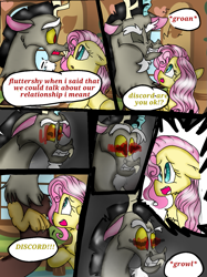 Size: 899x1200 | Tagged: safe, artist:coco_loves_art, artist:cocolove2176, derpibooru import, discord, fluttershy, draconequus, pegasus, pony, comic:love heals, angry, bust, comic, crying, dialogue, discoshy, duo, ears, eyelashes, eyes closed, female, floppy ears, groan, growl, indoors, male, mare, onomatopoeia, open mouth, shipping, smiling, straight, tears of fear, teeth