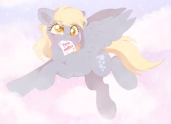Size: 2156x1564 | Tagged: safe, artist:adostume, derpibooru import, derpy hooves, pegasus, pony, adorkable, blushing, cloud, cute, cutie mark, dork, eyelashes, female, fluffy, flying, happy, mare, mouth hold, pink sky, positive message, positive ponies, raised hoof, raised leg, sky, solo, sparkles, wholesome, wings