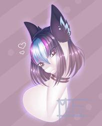 Size: 1521x1860 | Tagged: safe, artist:minelvi, derpibooru import, oc, oc only, earth pony, pony, abstract background, bust, choker, ear fluff, ears, earth pony oc, signature, solo