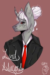 Size: 690x1024 | Tagged: safe, artist:yoonah, derpibooru import, oc, oc only, anthro, unicorn, black sclera, bust, clothes, horn, necktie, signature, simple background, solo, unicorn oc
