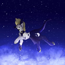 Size: 1024x1024 | Tagged: safe, artist:yoonah, derpibooru import, oc, oc only, pony, cloud, colored hooves, flying, leonine tail, night, outdoors, shooting star, solo, stars