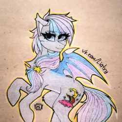 Size: 2726x2713 | Tagged: safe, artist:liatry, derpibooru import, oc, oc:dreamyway skies, bat pony, pony, bat pony oc, commission, female, hair accessory, looking at you, mare, pony oc, signature, simple background, solo, traditional art