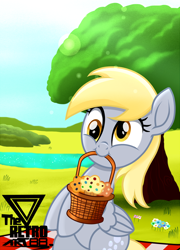 Size: 1300x1810 | Tagged: safe, artist:theretroart88, derpibooru import, derpy hooves, pegasus, pony, basket, derp, female, food, mouth hold, muffin, picnic, sitting, solo