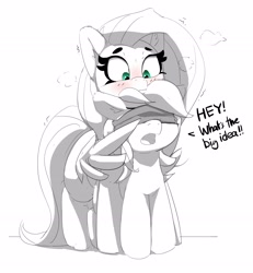 Size: 2886x3121 | Tagged: safe, artist:pabbley, fluttershy, rainbow dash, pegasus, pony, blindfold, blushing, cute, dashabetes, dialogue, duo, ear fluff, ears, fanfic art, female, floppy ears, flutterdash, hug, lesbian, looking down, mare, neo noir, open mouth, partial color, shipping, shyabetes, simple background, size difference, sketch, smoldash, tallershy, white background, winghug, wings