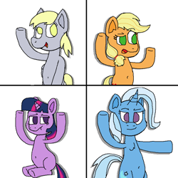 Size: 800x800 | Tagged: safe, artist:xppp1n, applejack, derpy hooves, trixie, twilight sparkle, unicorn twilight, earth pony, pegasus, pony, unicorn, :t, belly button, chest fluff, female, four panel meme, loss (meme), mare, open mouth, raised eyebrow, simple background, smiling, underhoof