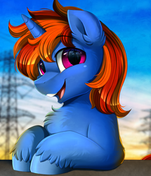 Size: 1722x2003 | Tagged: safe, artist:pridark, oc, oc only, oc:whirling flow, pony, unicorn, bust, chest fluff, cloven hooves, commission, looking at you, male, open mouth, portrait, power line, purple eyes, smiling, solo