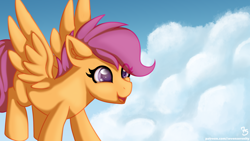 Size: 5760x3240 | Tagged: safe, artist:sevenserenity, derpibooru import, scootaloo, pegasus, cloud, cute, cutealoo, female, filly, flying, illustration, patreon, patreon reward, redraw, scootaloo can fly, sky, wings extended