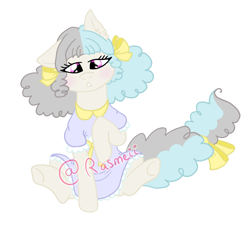 Size: 2358x2120 | Tagged: safe, artist:ponyrasmeii, derpibooru import, oc, oc only, oc:sippy cup, earth pony, pony, bow, clothes, crossdressing, curly hair, curly mane, dress, earth pony oc, hair bow, magical lesbian spawn, male, nextgen:rasmeiiverse, offspring, parent:octavia melody, parent:vinyl scratch, parents:scratchtavia, simple background, solo, stallion, white background