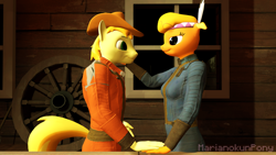 Size: 1920x1080 | Tagged: safe, artist:marianokun, derpibooru import, braeburn, little strongheart, anthro, fallout equestria, 3d, breasts, clothes, looking at each other, source filmmaker, vault suit, wheel, window