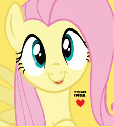Size: 722x804 | Tagged: safe, artist:twilyisbestpone, derpibooru exclusive, derpibooru import, fluttershy, pegasus, pony, c:, cute, female, heart, looking at you, mare, open mouth, positive ponies, shyabetes, simple background, smiling, solo, talking to viewer, yellow background