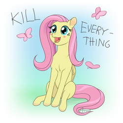 Size: 1000x1000 | Tagged: safe, artist:arareroll, derpibooru import, fluttershy, butterfly, pegasus, blushing, cute, dissonant caption, female, mare, pure unfiltered evil, shyabetes, sitting, solo, text