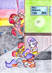 Size: 1024x1447 | Tagged: safe, artist:gafelpoez, derpibooru import, apple bloom, scootaloo, sunburst, sweetie belle, mouse, pony, unicorn, clothes, cutie mark crusaders, female, filly, male, musical instrument, saxophone, stallion, street, video game