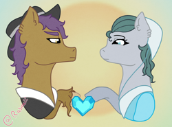 Size: 2596x1926 | Tagged: safe, artist:ponyrasmeii, derpibooru import, cloudy quartz, igneous rock pie, clothes, dress, hat, marriage, married couple, pairing stone, simple background, younger